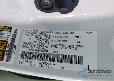 2023 Toyota Tundra Sr5 z USA, uszkodzony, nr VIN 5TFLA5AA2PX028009